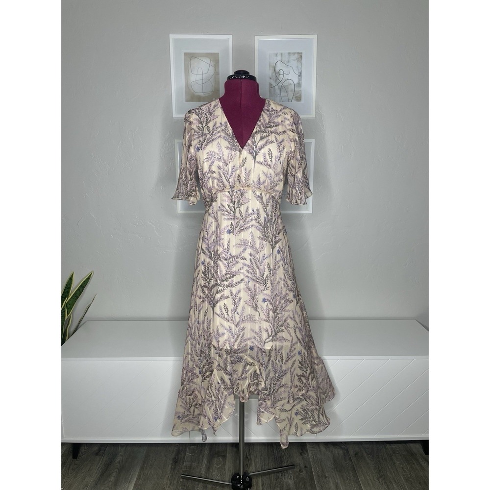 Sundance Midi Dress Women's M Sheer Flutter Sleeves Levander Print Asimmetric